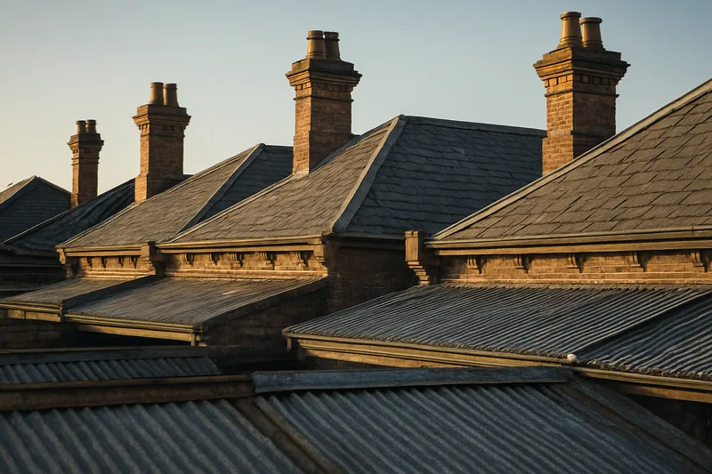 A row of Victorian terrace rooflines in slate and corrugated iron with tall chimneys — heritage slate roofs, Melbourne. Illustrative example.