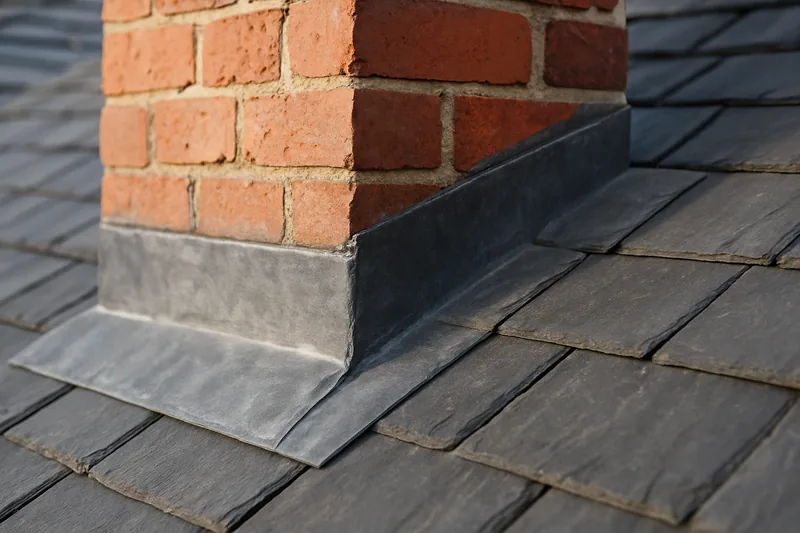 Soft grey lead flashing around the base of a brick chimney on a slate slope — flashings and valleys, Melbourne. Illustrative example.