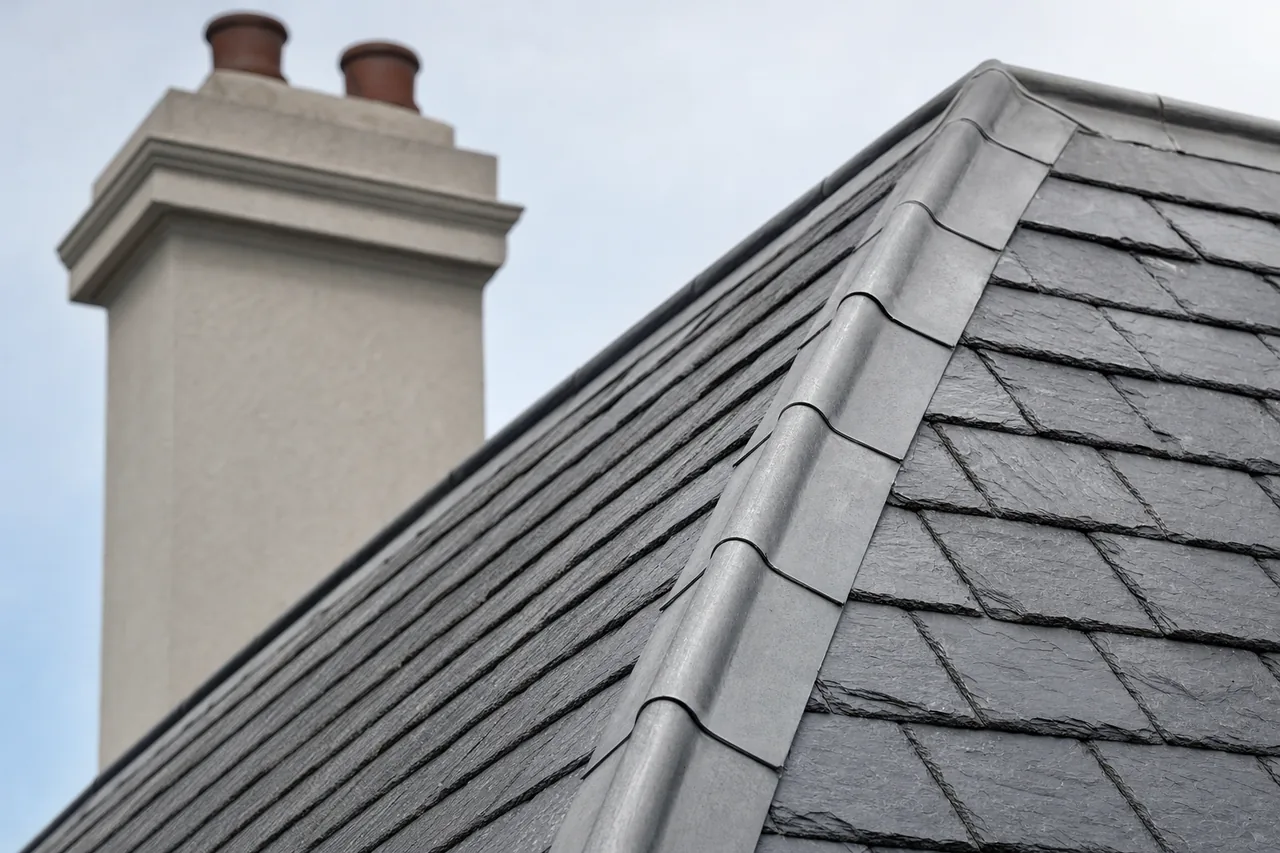 A hipped slate roof with lead-capped hips and a rendered chimney against a pale sky — slate roofing, Melbourne. Illustrative example.